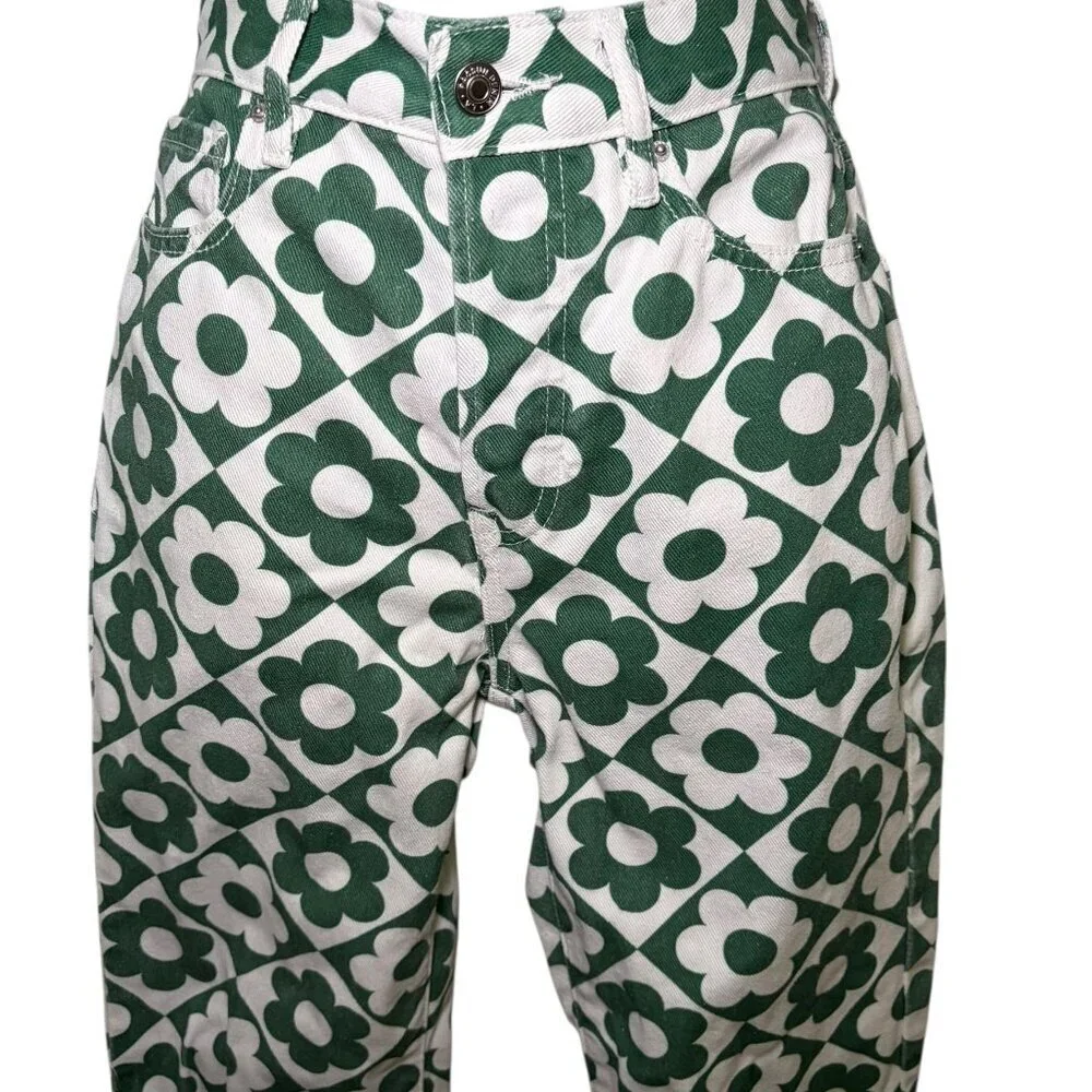 PacSun Green White Daisy High Rise Straight Leg Jeans Size 23